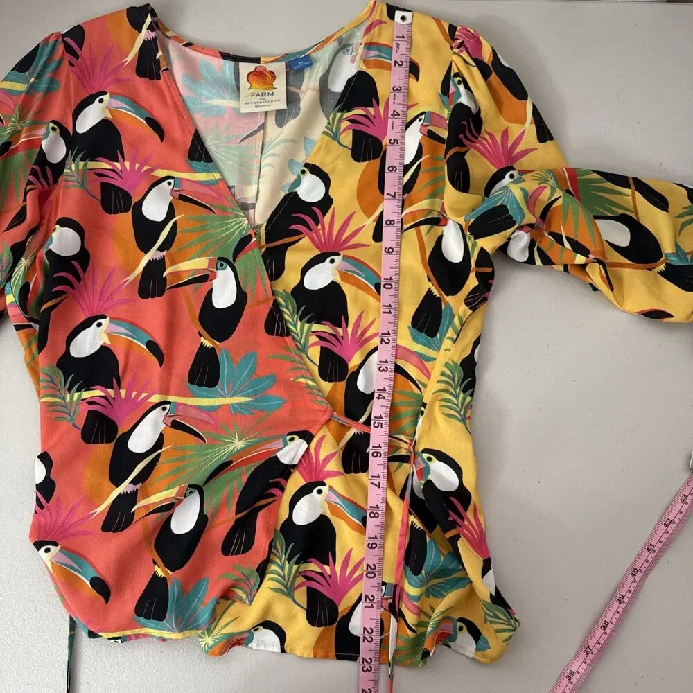 Farm Rio for Anthropologie Rainforest Toucan Wrap Blouse Size XS Beaded Tassel